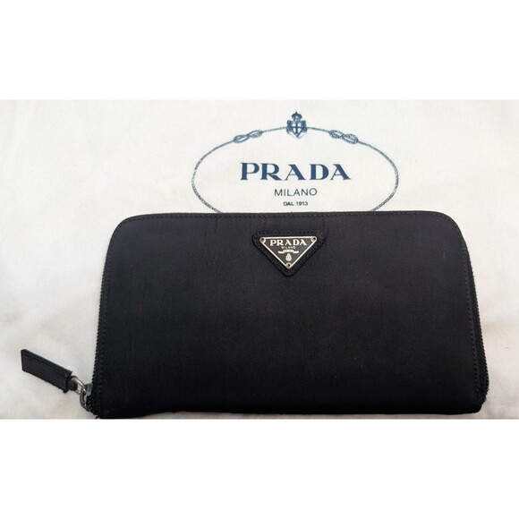 PRADA Logo Plate Nylon Zip Around Long Wallet Black Credit Card - Picture 1 of 5